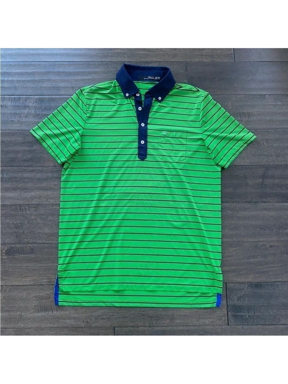 RLX Ralph Lauren Mens Sz M Green Navy Striped Stretch Golf Polo Shirt